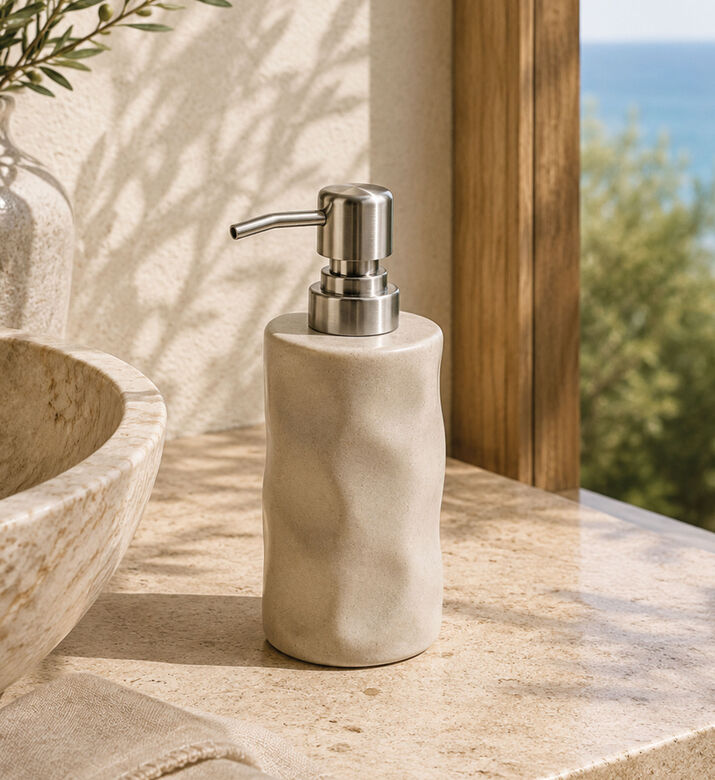 Home Deco and More Stoneware Soap Dispenser, Beige, Packshot View