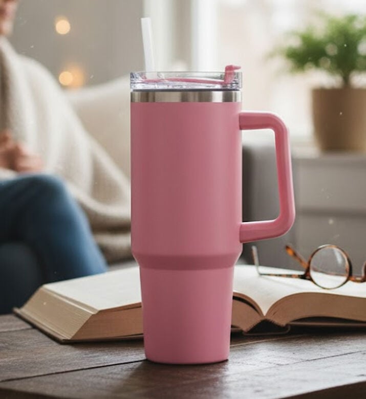 Home Deco and More Double-walled Handled Drinking Mug, Pink, Packshot View