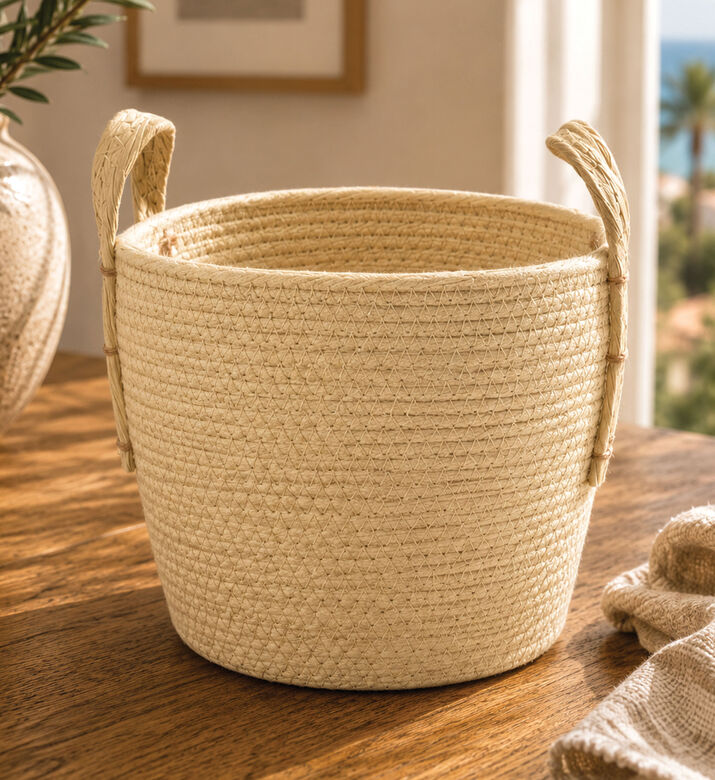 Home and Styling Rattan Round Basket, Beige, M, Packshot View