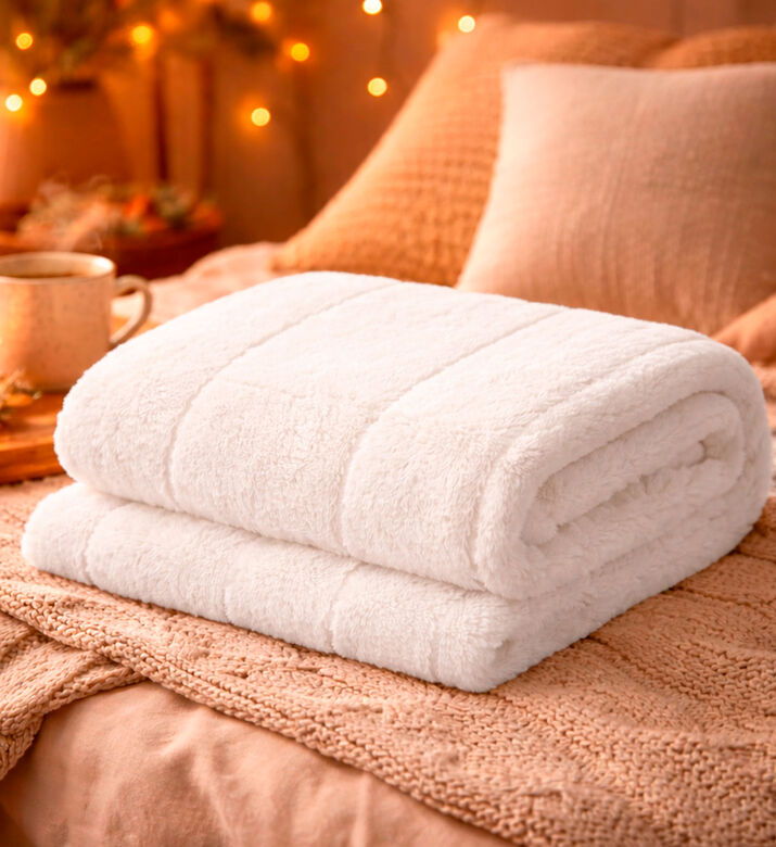 Home Deco and More Plaid Teddy Blanket, White, Packshot View