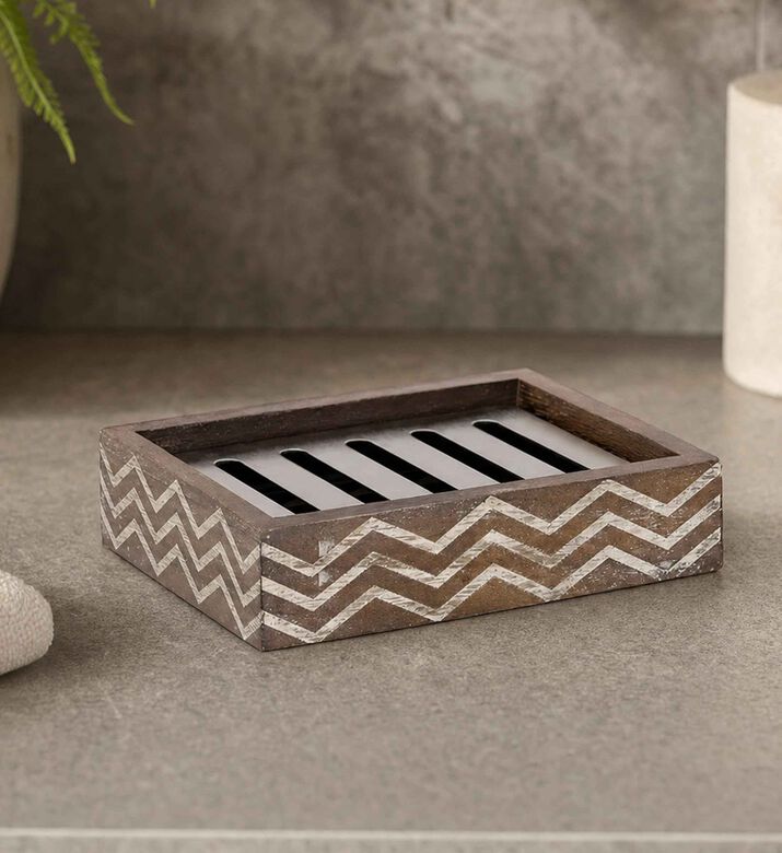 Home Deco and More Wood Wave-print Square Soap Dish, Model View