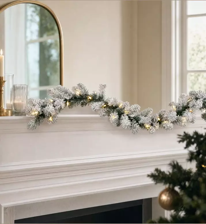 Home Deco and More Pre-lit Snowy Flocked Garland Runner, Model View