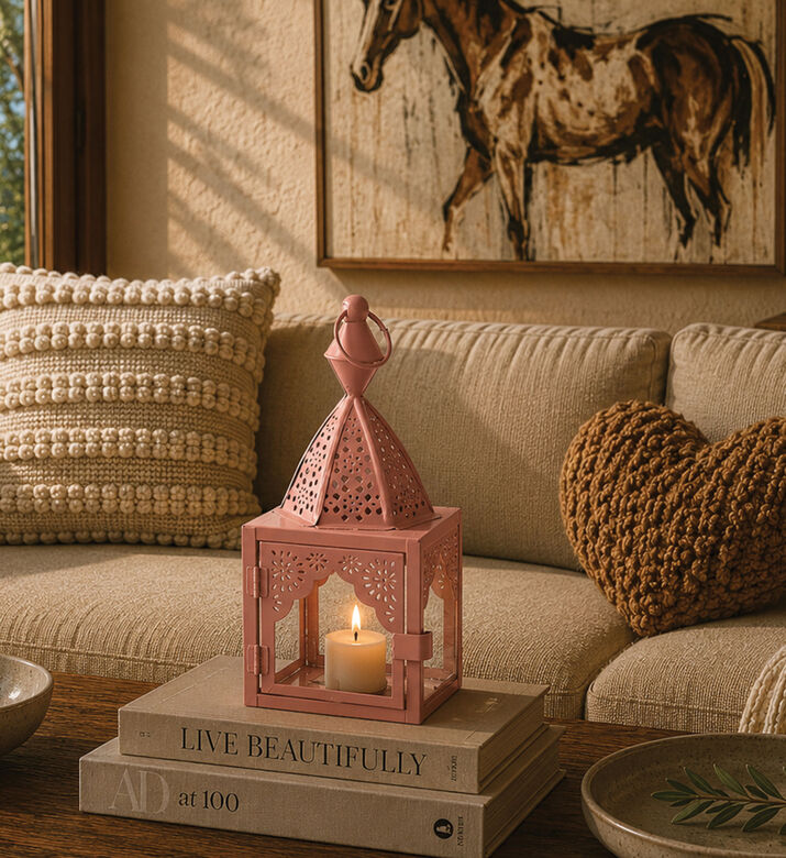 Home Deco and More Iron Glass Panels Lantern, Pink, Packshot View