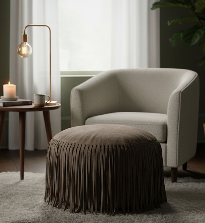 Home Deco and More Willow Suede Leather Round Pouf, Packshot View