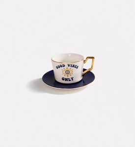 Home Deco and More Porcelain Good Vibes Coffee Cup & Saucer, Packshot View