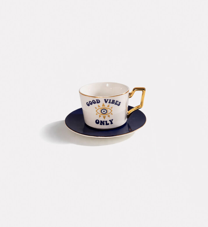Home Deco and More Porcelain Good Vibes Coffee Cup & Saucer, Packshot View