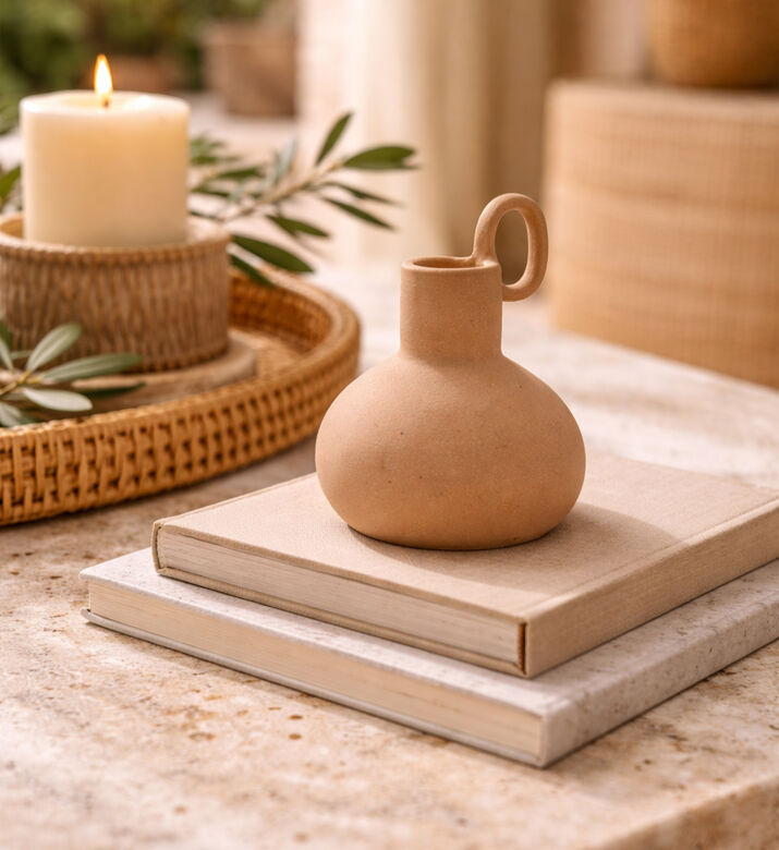 Home and Styling Ceramic Top Handle Round Vase, Beige, Packshot View