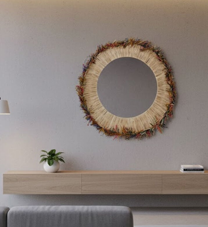Home Deco and More Colorful Ruffled Straw Grass Mirror, Packshot View Home Deco and More Colorful Ruffled Straw Grass Mirror, Packshot View