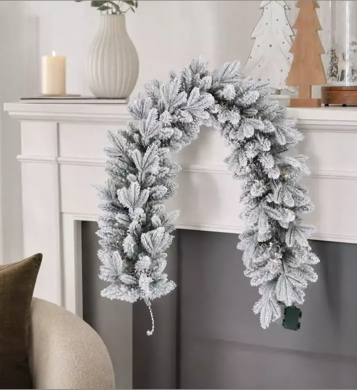 Home Deco and More Pre-lit Snowy Mixed Flocked Garland Runner, Model View