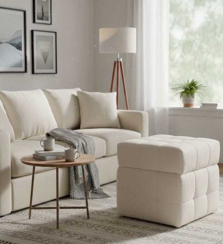 Home Deco and More Removable Lid Storage Pouf, White, Packshot View