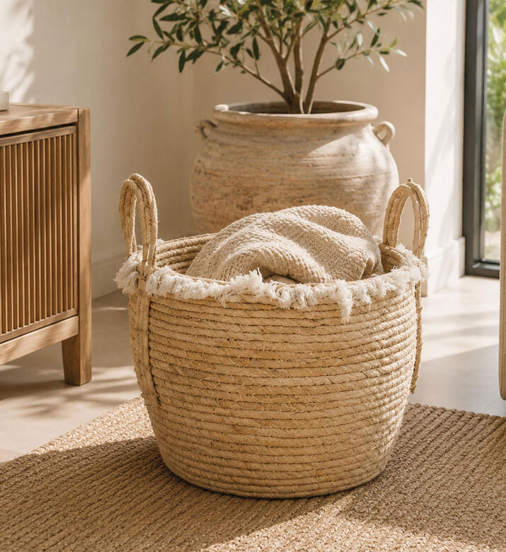 Home and Styling Fringed 3-piece Baskets, Beige, 28-cm, Packshot View