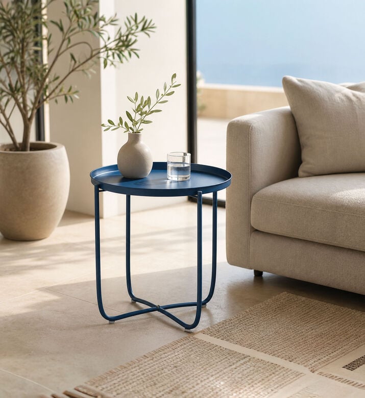 Home Deco and More Qingdai Metallic Round-shape Side Table, Navy, Packshot View