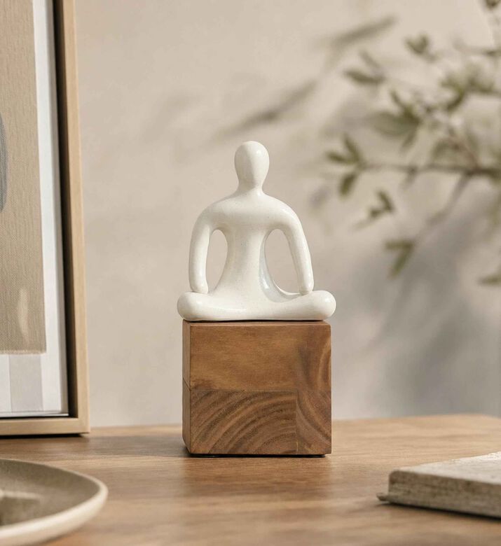 Home Deco and More Yoga Natural Wood Base Figurine, White, Model View