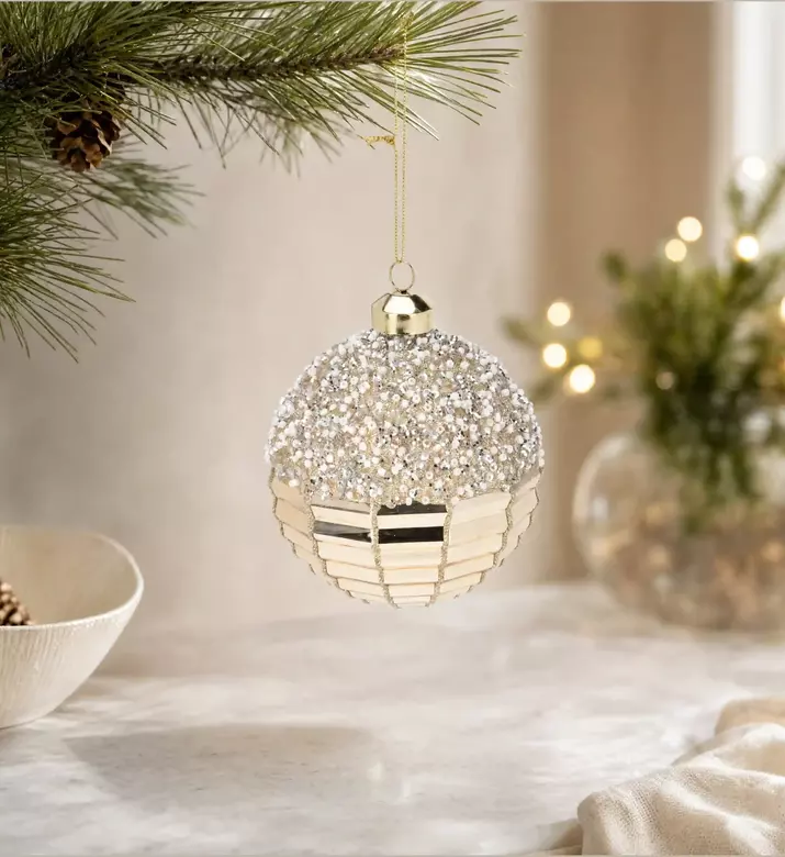Home Deco and More Sequined Metallic Christmas Ball, Gold, 10-cm, Model View