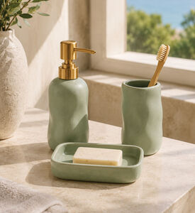 Home Deco and More Ceramic Three-piece Bathroom Set, Green, Packshot View