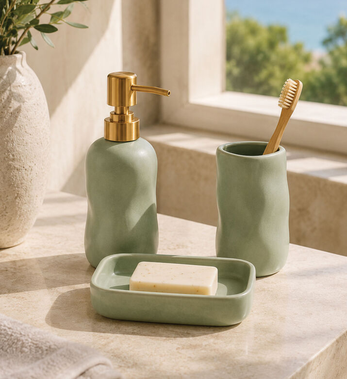 Home Deco and More Ceramic Three-piece Bathroom Set, Green, Packshot View