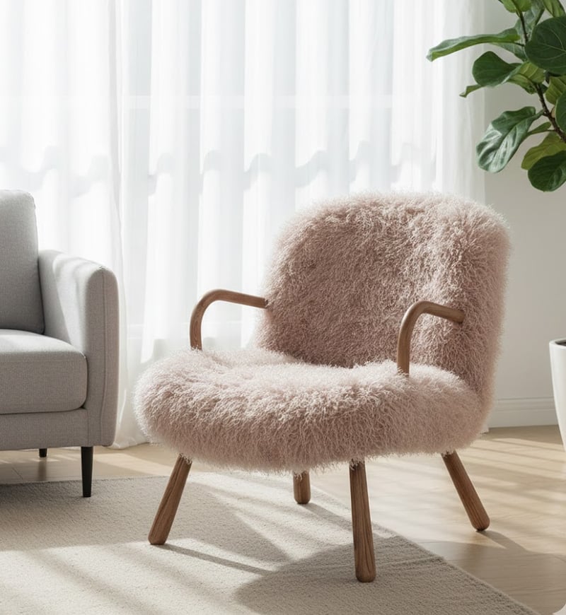 Fur Round Wood Armrests Armchair