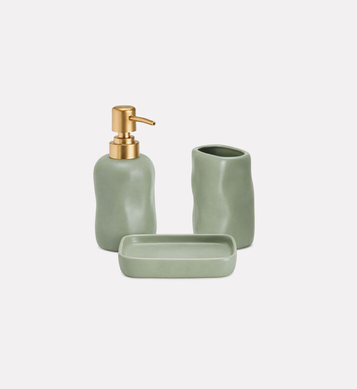 Home Deco and More Ceramic Three-piece Bathroom Set, Green, Packshot View