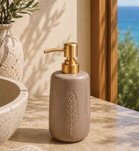 Home Deco and More Stoneware Leaf Motif Soap Dispenser, Brown, Packshot View