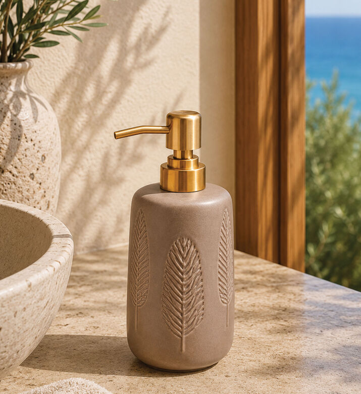 Home Deco and More Stoneware Leaf Motif Soap Dispenser, Brown, Packshot View