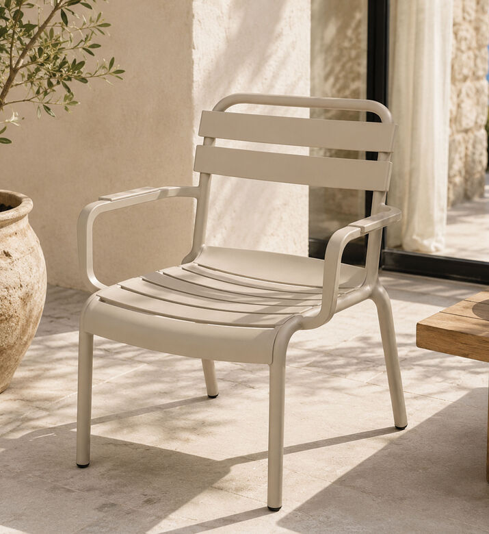 Home Deco and More Stackable Slatted Back Armset Chair, Beige, Packshot View