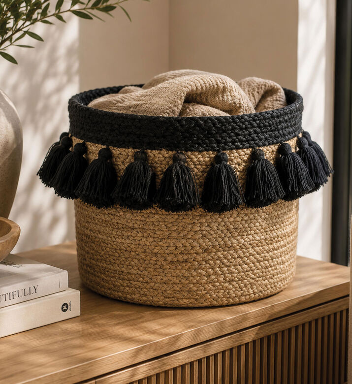 Deko and Co Jute Pom Pom Basket, Black, 30x30-cm, Packshot View