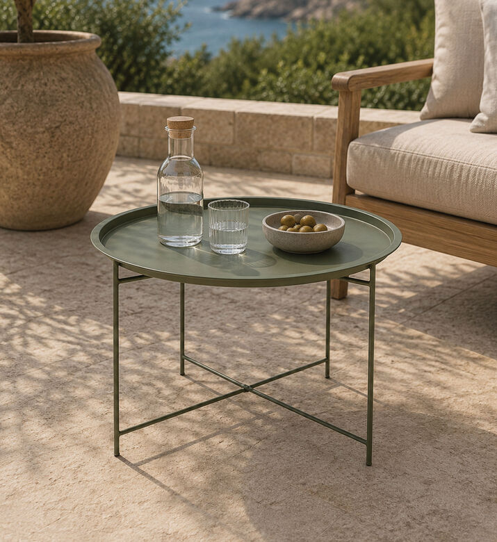 Home Deco and More Rim Top Round Outdoor Table, Dark-green, Packshot View