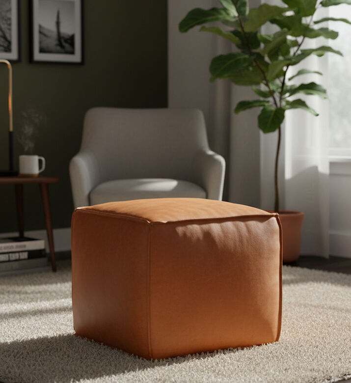 Home Deco and More Cuby Suede Leather Square Pouf, Packshot View