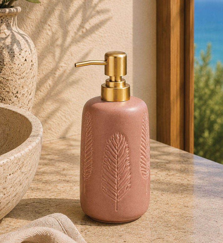 Home Deco and More Stoneware Leaf Motif Soap Dispenser, Pink, Packshot View