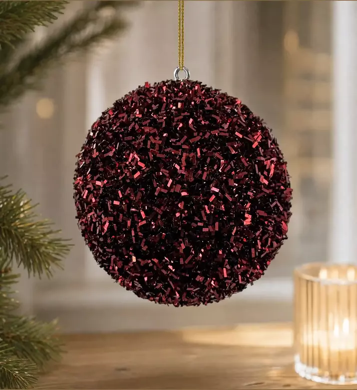 Shishi Tinsel Ball Ornamment, Red, 10-cm, Model View