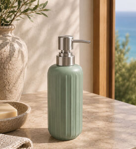 Home Deco and More Stoneware Ribbed Soap Dispenser, Green, Packshot View