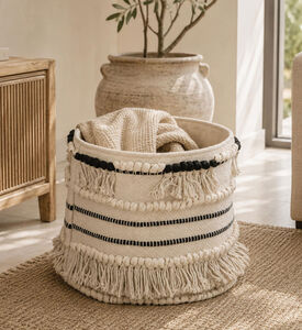 Deko and Co Frill Cotton Basket, Black, 30x30-cm, Packshot View
