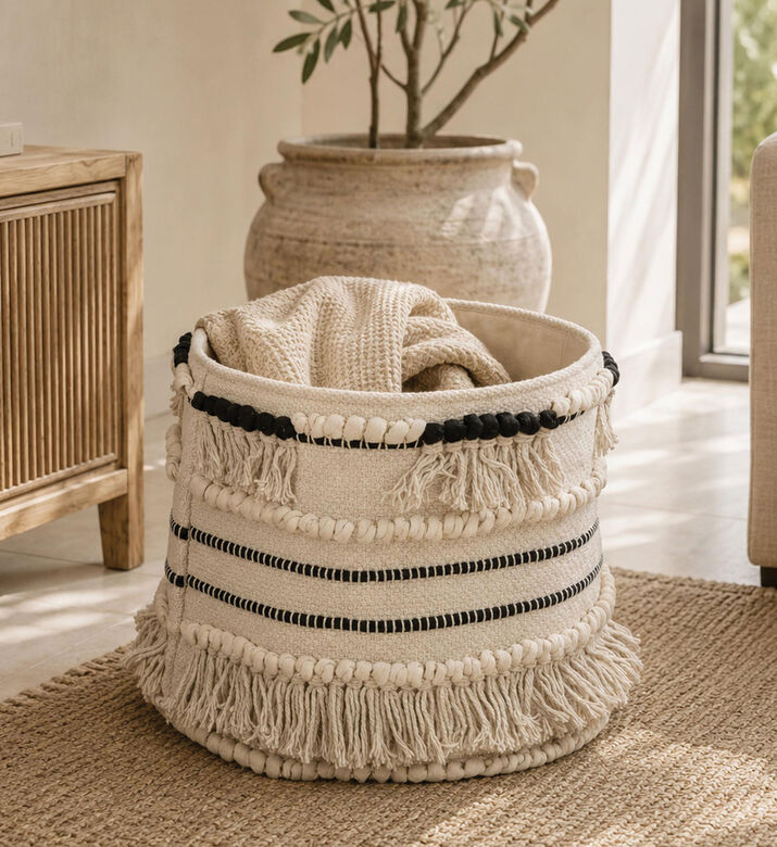 Deko and Co Frill Cotton Basket, Black, 30x30-cm, Packshot View