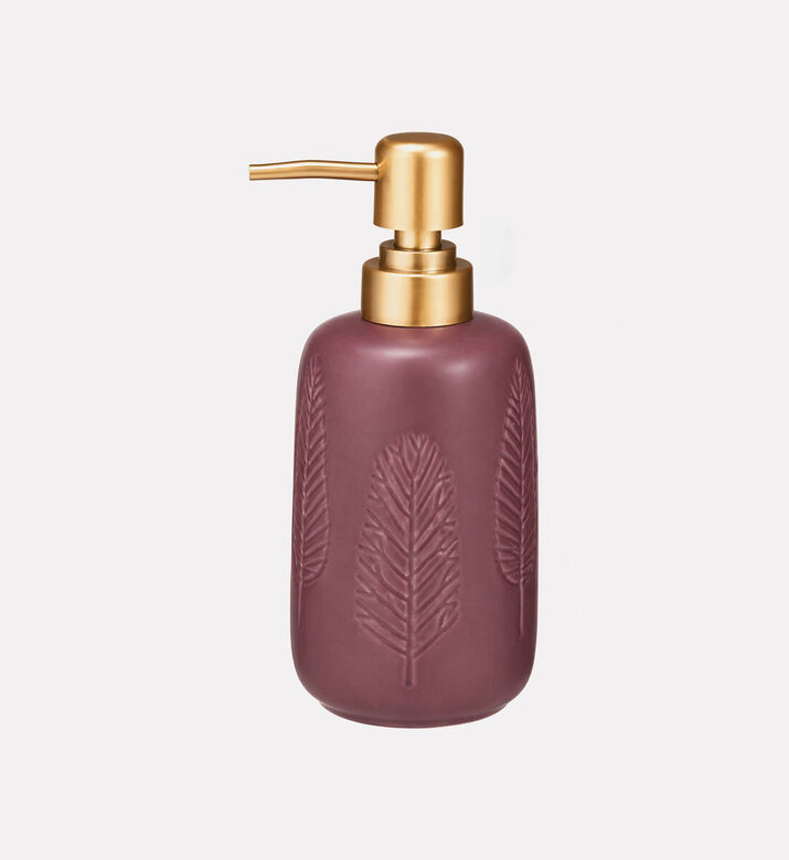 Home Deco and More Stoneware Leaf Motif Soap Dispenser, Purple, Packshot View