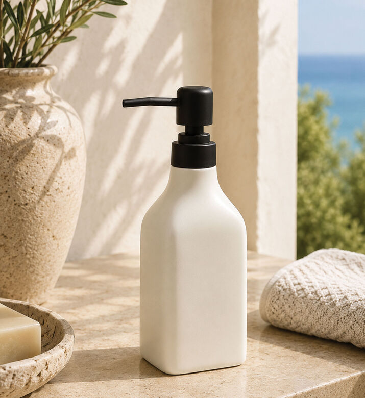 Home Deco and More Matte Stoneware Soap Dispenser, White, Packshot View