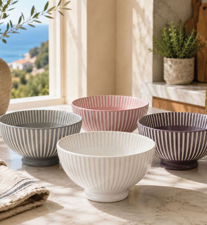 Home Deco and More Pastel Ribbed Porcelain 4-piece Bowl Set, Packshot View