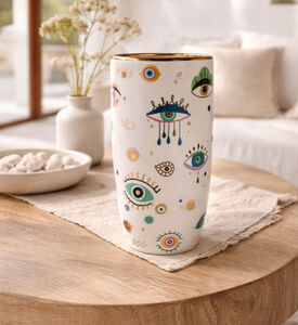 Home Deco and More Multi Eye Design Ceramic Vase, White, 25-cm, Packshot View