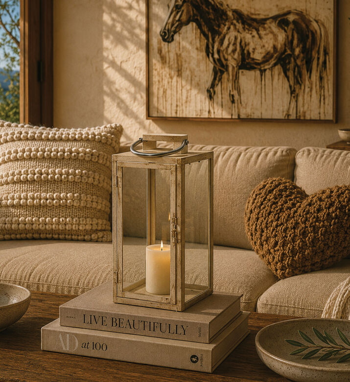 Kaemingk Iron Glass Rectangular Lantern, Beige, Packshot View
