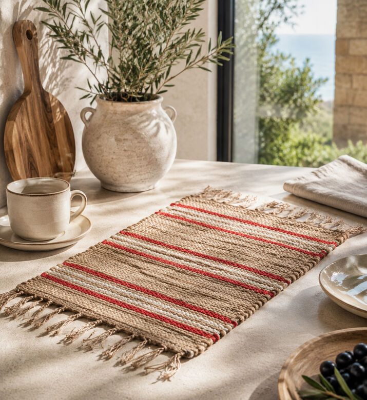Home and Styling Fringes Stripped Placemat, Red, Packshot View