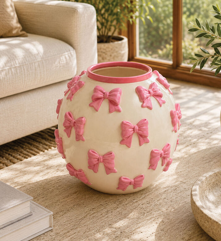 Kersten Bow-detail Round Polyresin Vase, Pink, Packshot View