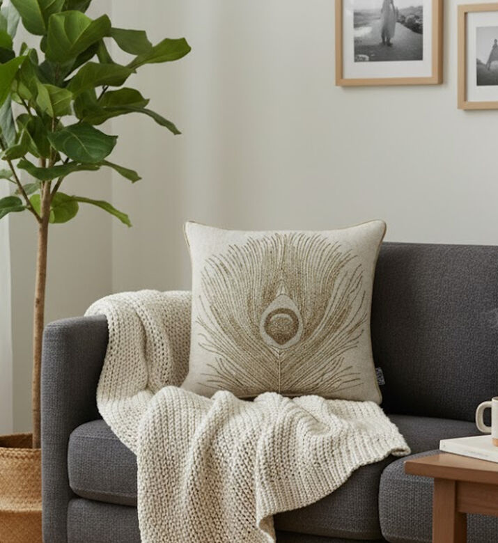 Home Deco and More Peacock Embroidered Piped Cushion, Packshot View