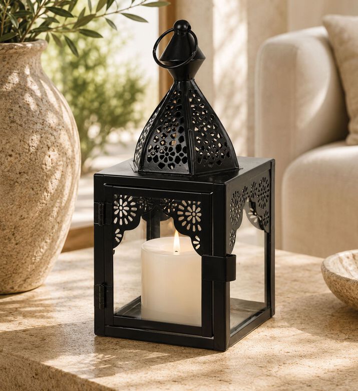 Home Deco and More Glass Tall Top Handle Lantern, Black, Packshot View