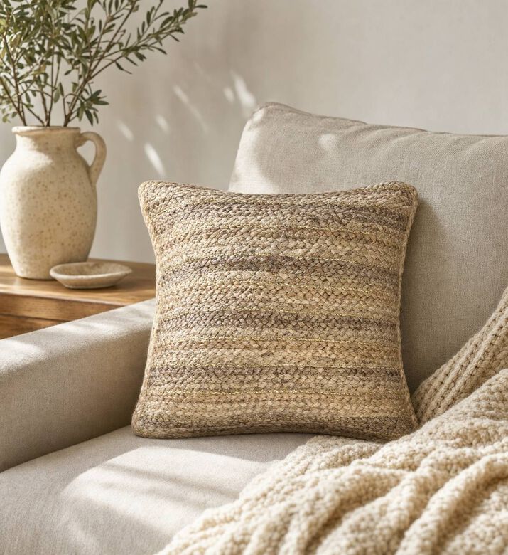 Deko and Co Lurex Square Jute Cushion, Gold, 45x45-cm, Model View
