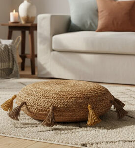 Alizea Sunny Jute Pom Pom Cushion, Natural, 40x8-cm, Packshot View