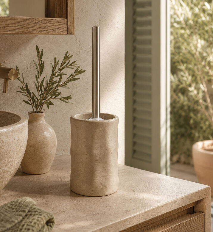 Home Deco and More Textured Stoneware Toilet Brush Holder, Beige, Packshot View