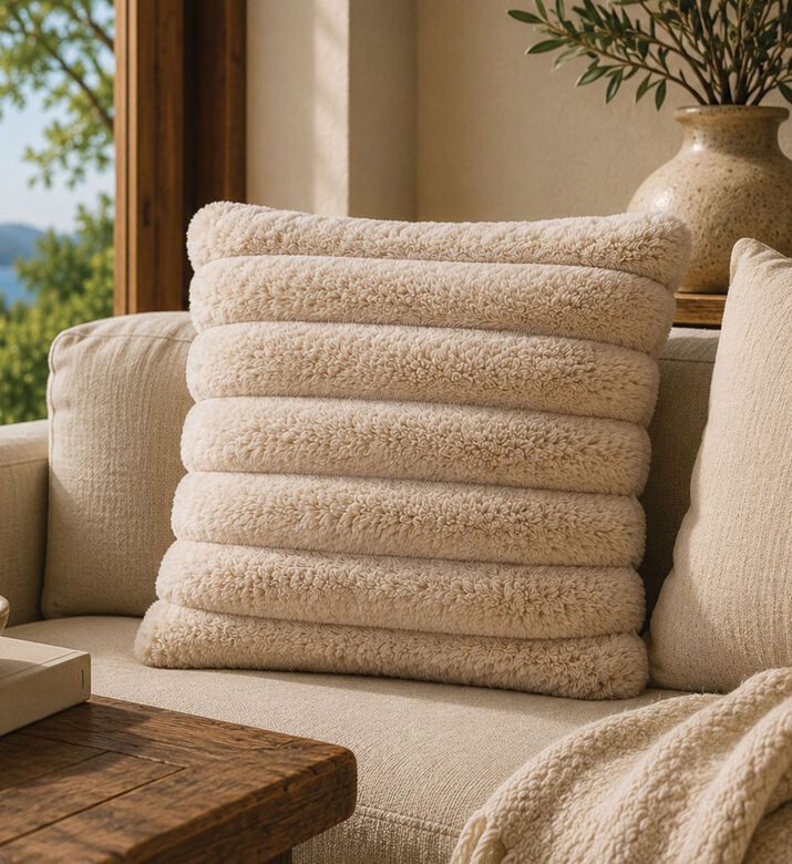 Home Deco and More Horizontal Pleats Plush Square Cushion, Beige, Packshot View