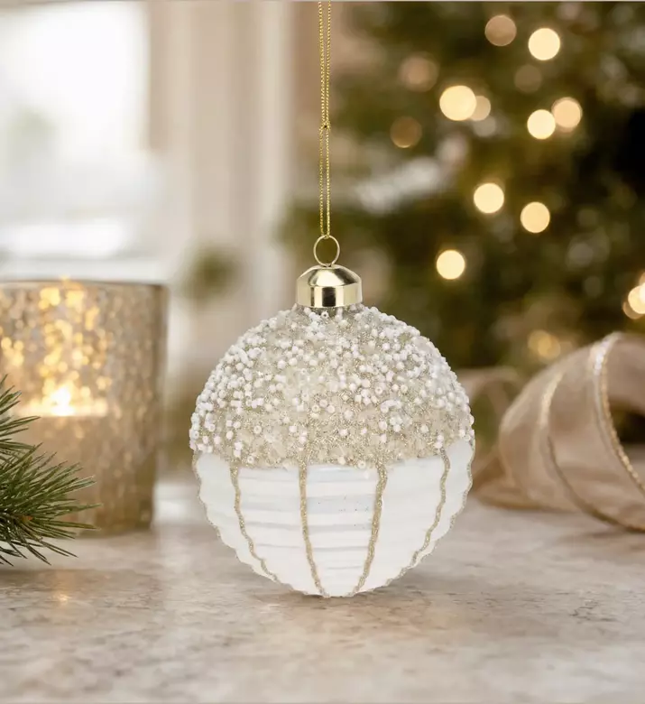 Home Deco and More Glittery Christmas Ball Ornament, Gold, 10-cm, Model View