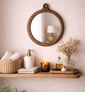 Home and Styling Walnut Wood Round Wall Mirror, Packshot View