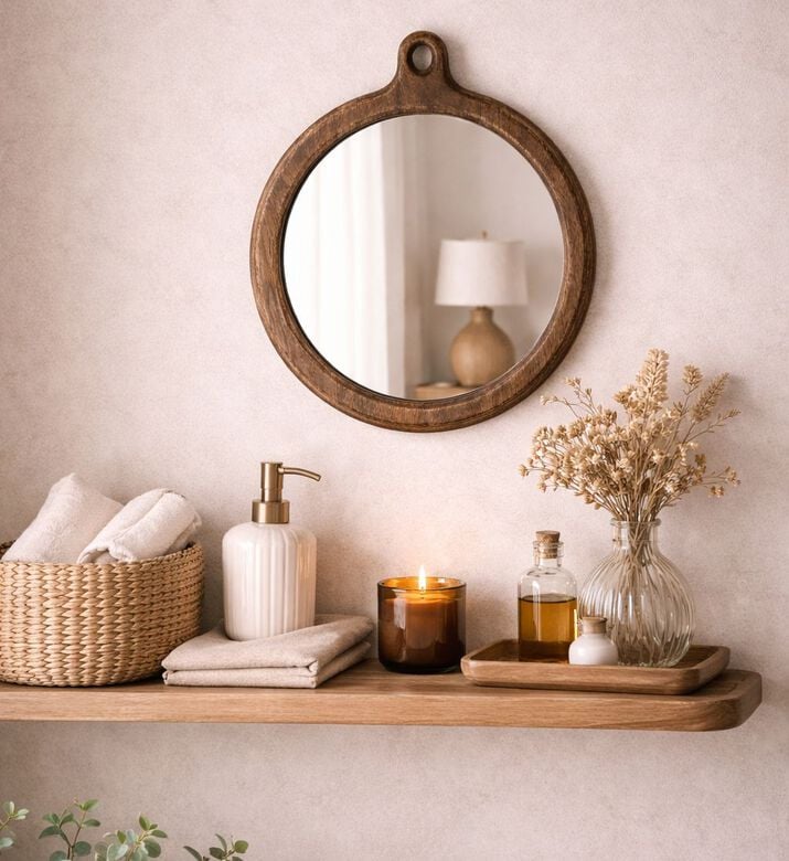 Home and Styling Walnut Wood Round Wall Mirror, Packshot View