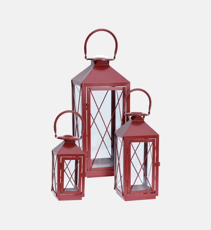 Home Deco and More Metal Glass Lanterns 3-piece Set, Red, Packshot View